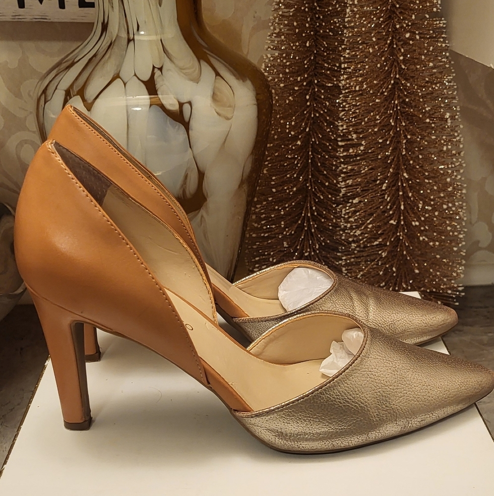 Franco Sarto Tan and Gold Heels